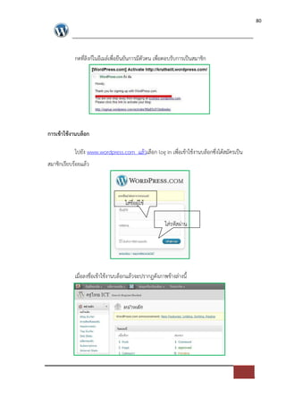 80




           กดที่ลิงก=ในอีเมล=เพื่อยืนยันการมีตัวตน เพื่อตอบรับการเปFนสมาชิก




การเขาใชงานบล็อก

           ไปยัง www.wordpress.com แลวเลือก log in เพื่อเขาใชงานบล็อกซึ่งไดสมัครเปFน
สมาชิกเรียบรอยแลว




                                   ใส*ชื่อผูใช

                                                      ใส*รหัสผ*าน




           เมื่อลงชื่อเขาใชงานบล็อกแลวจะปรากฏดังภาพขางล*างนี้
 