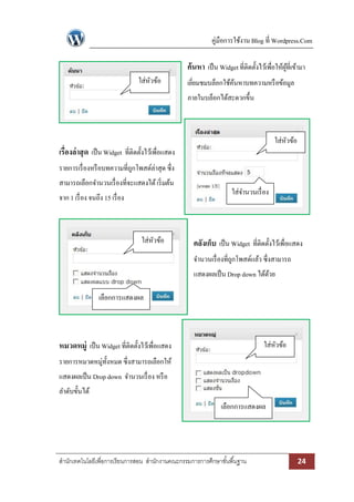 คู่มือการใช้งาน Blog ที่ Wordpress.Com

                                                     ค้นหา เป็ น Widget ที่ติดตั้งไว้เพื่อให้ผที่เข้ามา
                                                                                              ู้
                                  ใส่หวข้อ
                                      ั              เยียมชมบล็อกใช้คนหาบทความหรื อข้อมูล
                                                        ่            ้
                                                     ภายในบล็อกได้สะดวกขึ้น



                                                                                          ใส่หวข้อ
                                                                                              ั
เรื่องล่ าสุ ด เป็ น Widget ที่ติดตั้งไว้เพื่อแสดง
รายการเรื่ องหรื อบทความที่ถกโพสต์ล่าสุด ซึ่ง
                            ู
สามารถเลือกจานวนเรื่ องที่จะแสดงได้ เริ่ มต้น
                                                                       ใส่จานวนเรื่ อง
จาก 1 เรื่ อง จนถึง 15 เรื่ อง



                                   ใส่หวข้อ
                                       ั               คลังเก็บ เป็ น Widget ที่ติดตั้งไว้เพื่อแสดง
                                                       จานวนเรื่ องที่ถกโพสต์แล้ว ซึ่งสามารถ
                                                                       ู
                                                       แสดงผลเป็ น Drop down ได้ดวย
                                                                                 ้

                  เลือกการแสดงผล




หมวดหมู่ เป็ น Widget ที่ติดตั้งไว้เพื่อแสดง                                         ใส่หวข้อ
                                                                                         ั
รายการหมวดหมู่ท้งหมด ซึ่งสามารถเลือกให้
                ั
แสดงผลเป็ น Drop down จานวนเรื่ อง หรื อ
ลาดับขั้นได้
                                                                   เลือกการแสดงผล




สานักเทคโนโลยีเพื่อการเรียนการสอน สานักงานคณะกรรมการการศึกษาขั ้นพื ้นฐาน                            24
 