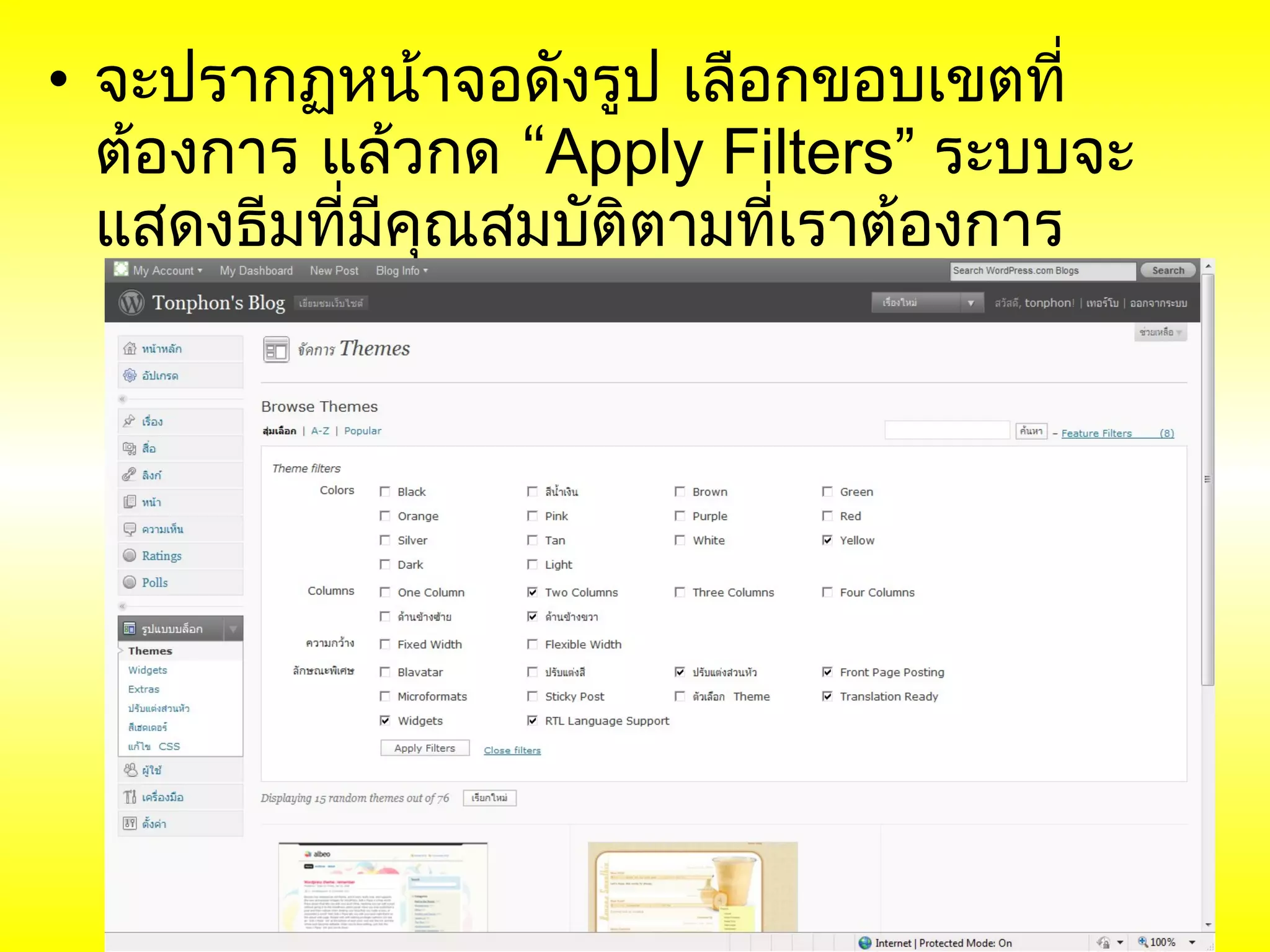 • จะปรากฏหน้าจอดังรูป เลือกขอบเขตที่
  ต้องการ แล้วกด “Apply Filters” ระบบจะ
  แสดงธีมที่มีคณสมบัติตามที่เราต้องการ
               ุ
 