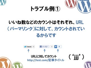 いいね数などのカウントはそれぞれ、URL
（パーマリンク）に対して、カウントされてい
るからです
トラブル例①
（‘ｊｊｊ’）URLに対してカウント
http://test.com/記事タイトル
 