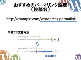 おすすめのパーマリンク設定
（投稿名）
http://example.com/wordpress-permalink
手動での変更方法
編集可能！
 