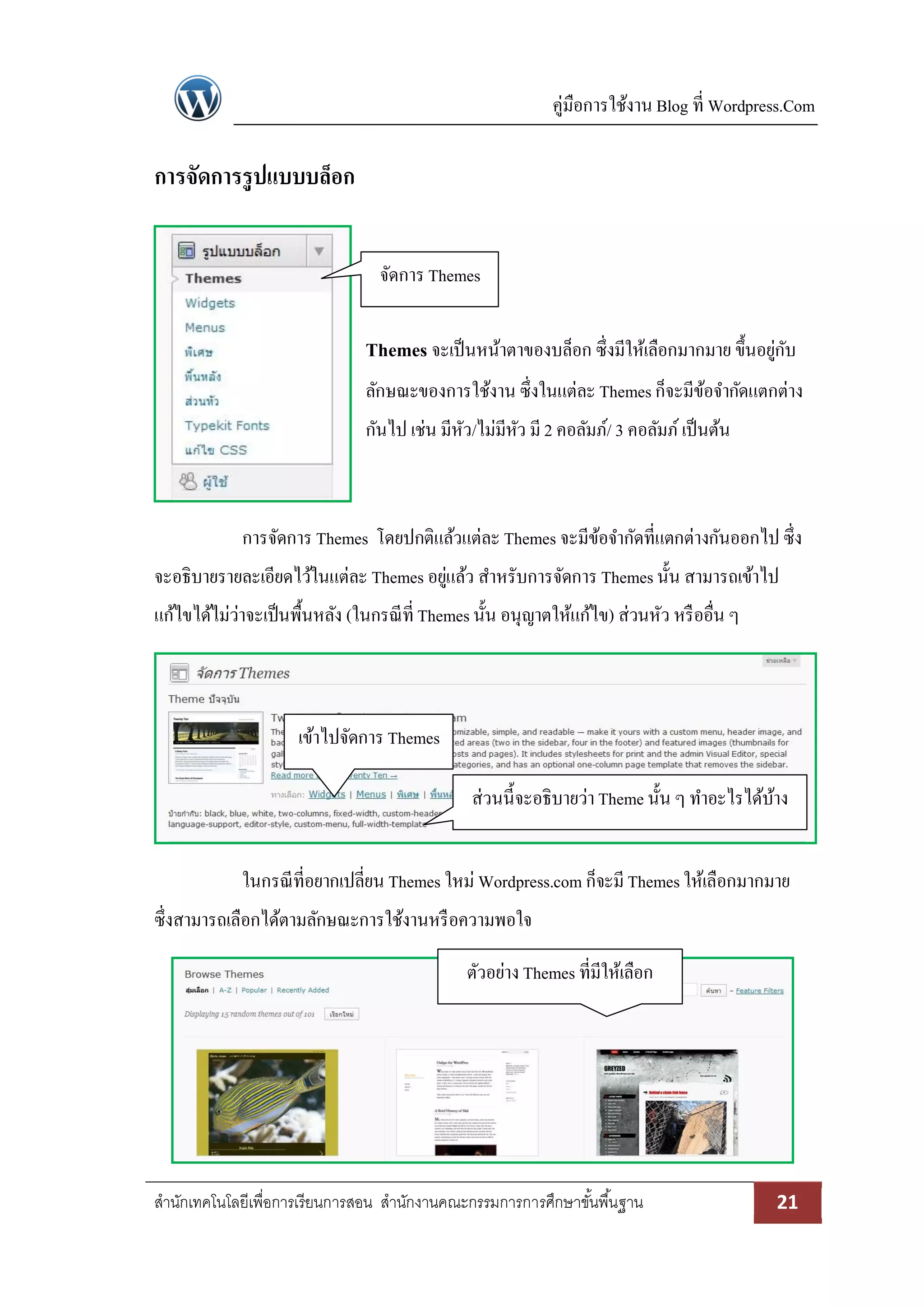 คู่มือการใช้งาน Blog ที่ Wordpress.Com
สานักเทคโนโลยีเพื่อการเรียนการสอน สานักงานคณะกรรมการการศึกษาขั้นพื้นฐาน 21
การจัดการรูปแบบบล็อก
Themes จะเป็นหน้าตาของบล็อก ซึ่งมีให้เลือกมากมาย ขึ้นอยู่กับ
ลักษณะของการใช้งาน ซึ่งในแต่ละ Themesก็จะมีข้อจากัดแตกต่าง
กันไป เช่น มีหัว/ไม่มีหัว มี2 คอลัมภ์/ 3 คอลัมภ์ เป็นต้น
การจัดการ Themes โดยปกติแล้วแต่ละ Themes จะมีข้อจากัดที่แตกต่างกันออกไป ซึ่ง
จะอธิบายรายละเอียดไว้ในแต่ละ Themes อยู่แล้ว สาหรับการจัดการ Themesนั้น สามารถเข้าไป
แก้ไขได้ไม่ว่าจะเป็นพื้นหลัง (ในกรณีที่ Themesนั้น อนุญาตให้แก้ไข) ส่วนหัว หรืออื่น ๆ
ในกรณีที่อยากเปลี่ยน Themes ใหม่ Wordpress.com ก็จะมีThemesให้เลือกมากมาย
ซึ่งสามารถเลือกได้ตามลักษณะการใช้งานหรือความพอใจ
จัดการ Themes
ตัวอย่างThemes ที่มีให้เลือก
ส่วนนี้จะอธิบายว่าTheme นั้น ๆ ทาอะไรได้บ้าง
เข้าไปจัดการ Themes
 