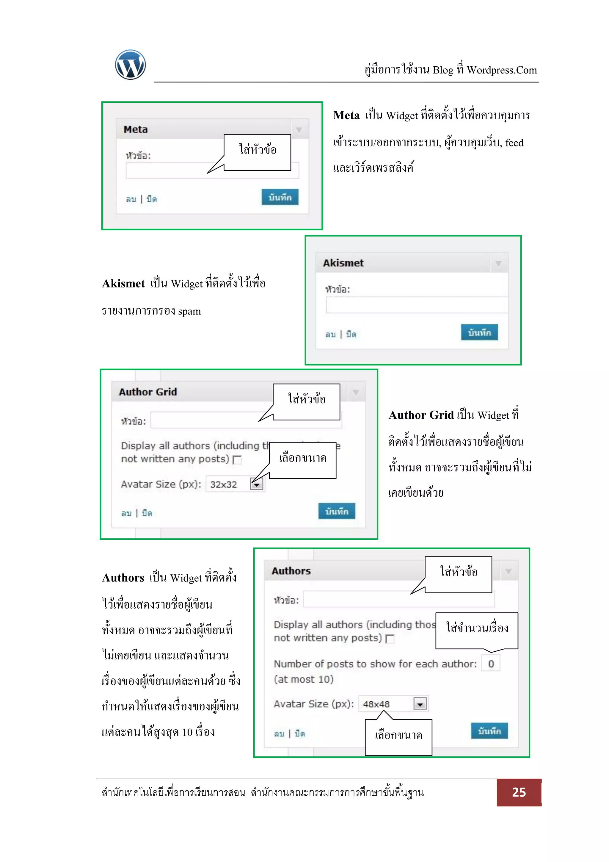 คู่มือการใช้งาน Blog ที่ Wordpress.Com
สานักเทคโนโลยีเพื่อการเรียนการสอน สานักงานคณะกรรมการการศึกษาขั้นพื้นฐาน 25
Meta เป็น Widgetที่ติดตั้งไว้เพื่อควบคุมการ
เข้าระบบ/ออกจากระบบ, ผู้ควบคุมเว็บ, feed
และเวิร์ดเพรสลิงค์
Akismet เป็น Widgetที่ติดตั้งไว้เพื่อ
รายงานการกรอง spam
Author Gridเป็น Widgetที่
ติดตั้งไว้เพื่อแสดงรายชื่อผู้เขียน
ทั้งหมด อาจจะรวมถึงผู้เขียนที่ไม่
เคยเขียนด้วย
Authors เป็น Widget ที่ติดตั้ง
ไว้เพื่อแสดงรายชื่อผู้เขียน
ทั้งหมด อาจจะรวมถึงผู้เขียนที่
ไม่เคยเขียน และแสดงจานวน
เรื่องของผู้เขียนแต่ละคนด้วย ซึ่ง
กาหนดให้แสดงเรื่องของผู้เขียน
แต่ละคนได้สูงสุด 10 เรื่อง
ใส่หัวข้อ
ใส่หัวข้อ
เลือกขนาด
ใส่จานวนเรื่อง
เลือกขนาด
ใส่หัวข้อ
 