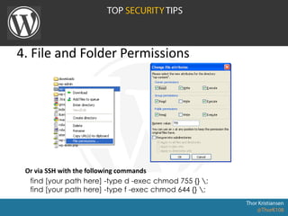 4. File and Folder Permissions
find [your path here] -type d -exec chmod 755 {} ;
find [your path here] -type f -exec chmod 644 {} ;
Or via SSH with the following commands
 