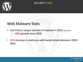 Web Malware Stats
• 403 Million unique variants of malware in 2011 (Symantec)
• 140% growth since 2010
• 81% increase in malicious web-based attacks between 2010 -
2011
 
