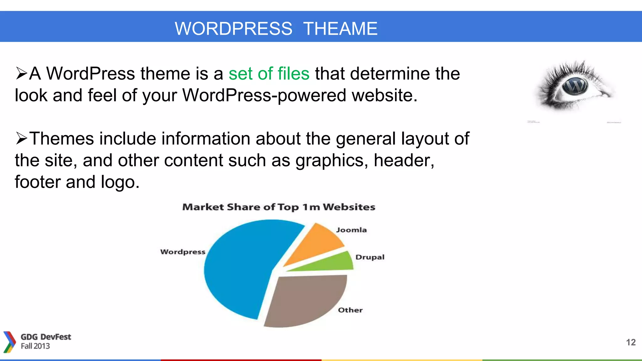 WORDPRESS THEAME
12
A WordPress theme is a set of files that determine the
look and feel of your WordPress-powered website.
Themes include information about the general layout of
the site, and other content such as graphics, header,
footer and logo.
 