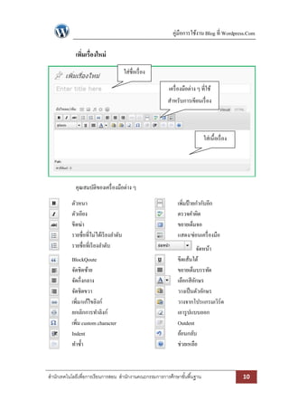 คู่มือการใช้งาน Blog ที่ Wordpress.Com

เพิมเรื่องใหม่
่
ใส่ชื่อเรื่ อง
เครื่ องมือต่าง ๆ ที่ใช้
สาหรับการเขียนเรื่ อง

ใส่เนื้อเรื่ อง

คุณสมบัติของเครื่ องมือต่าง ๆ
ตัวหนา
ตัวเอียง
ขีดฆ่า
รายชื่อที่ไม่ได้เรี ยงลาดับ
รายชื่อที่เรี ยงลาดับ
BlockQoute
จัดชิดซ้าย
จัดกึ่งกลาง
จัดชิดขวา
เพิม/แก้ไขลิงก์
่
ยกเลิกการทาลิงก์
เพิ่ม custom character
Indent
ทาซ้ า

เพิ่มป้ ายกากับอีก
ตรวจคาผิด
ขยายเต็มจอ
แสดง/ซ่อนเครื่ องมือ
จัดหน้า
ขีดเส้นใต้
ขยายเต็มบรรทัด
เลือกสีอกษร
ั
วางเป็ นตัวอักษร
วางจากโปรแกรมเวิร์ด
เอารู ปแบบออก
Outdent
ย้อนกลับ
ช่วยเหลือ

สานักเทคโนโลยีเพื่อการเรียนการสอน สานักงานคณะกรรมการการศึกษาขั ้นพื ้นฐาน

10

 