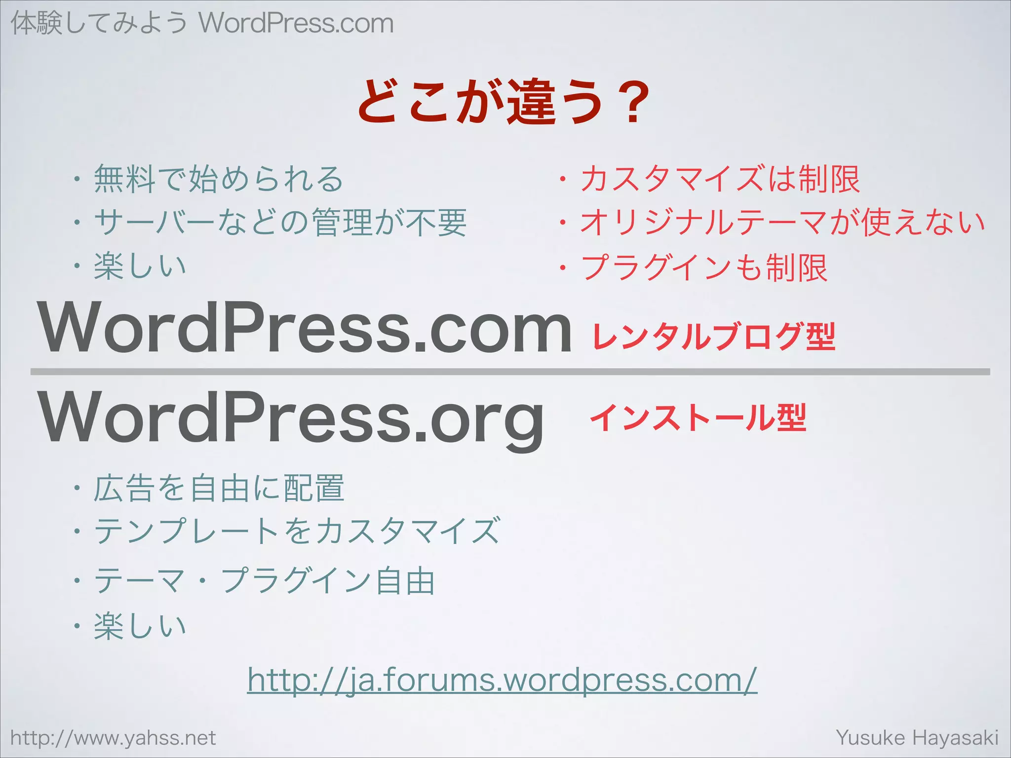 体験してみよう WordPress.com

どこが違う？
・無料で始められる
・サーバーなどの管理が不要
・楽しい

・カスタマイズは制限
・オリジナルテーマが使えない
・プラグインも制限

WordPress.com レンタルブログ型
WordPress.org インストール型
・広告を自由に配置
・テンプレートをカスタマイズ
・テーマ・プラグイン自由
・楽しい
http://ja.forums.wordpress.com/
http://www.yahss.net

Yusuke Hayasaki

 