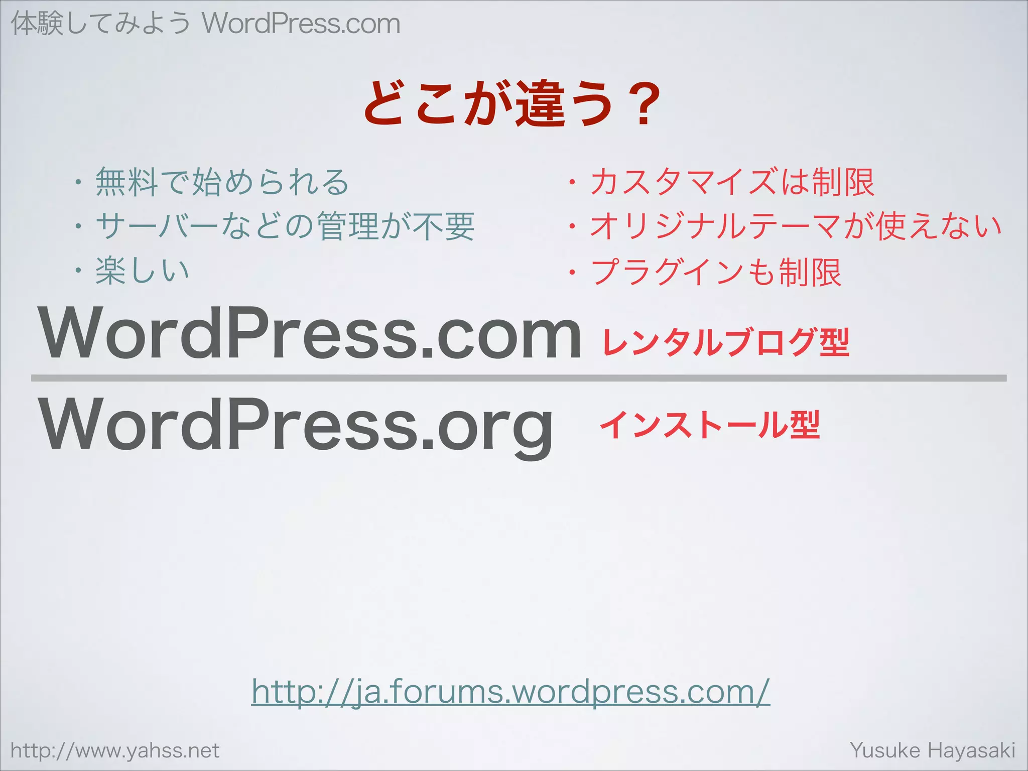 体験してみよう WordPress.com

どこが違う？
・無料で始められる
・サーバーなどの管理が不要
・楽しい

・カスタマイズは制限
・オリジナルテーマが使えない
・プラグインも制限

WordPress.com レンタルブログ型
WordPress.org インストール型

http://ja.forums.wordpress.com/
http://www.yahss.net

Yusuke Hayasaki

 
