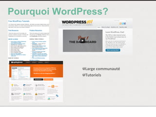 Pourquoi WordPress?
!  Large	
  communauté	
  
!  Tutoriels	
  
	
  
	
  
	
  
 