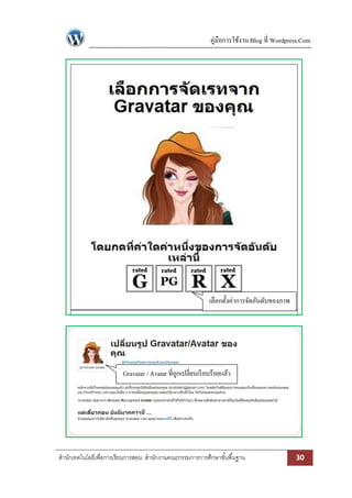 คู่มือการใช้งาน Blog ที่ Wordpress.Com 
สา นักเทคโนโลยีเพื่อการเรียนการสอน สา นักงานคณะกรรมการการศึกษาขัน้พืน้ฐาน 30 
เลือกตั้งค่าการจัดอันดับของภาพ 
Gravatar / Avatar ที่ถูกเปลี่ยนเรียบร้อยแล้ว 
 