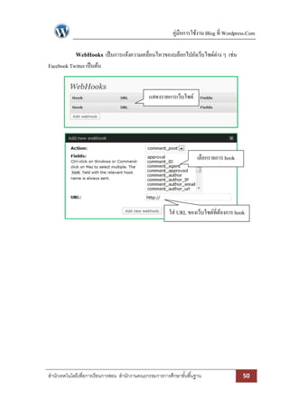 คู่มือการใช้งาน Blog ที่ Wordpress.Com 
สา นักเทคโนโลยีเพื่อการเรียนการสอน สา นักงานคณะกรรมการการศึกษาขัน้พืน้ฐาน 50 
WebHooks เป็นการแจ้งความเคลื่อนไหวของบล็อกไปยังเว็บไซด์ต่าง ๆ เช่น Facebook Twitter เป็นต้น 
แสดงรายการเว็บไซด์ 
เลือกรายการ hook 
ใส่ URL ของเว็บไซด์ที่ต้องการ hook 
 