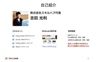 SKILLHUB 
自己紹介 
2 
株式会社スキルハブ代表 
吉田 光利 
Skillhubの制作者 
http://skillhub.jp 
スキルセット 
RubyとRailsプログラミング 
UI/UX, Webデザイン 
HTML/CSSマークアップ 
Webマーケティング 
教育関連 
民間ITスクール 
Web講座企画・開発・講師 
企業用Web講座企画・開発・講師 
担当した企業は1000社以上 
教えた生徒数は10000人以上 
 