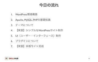 SKILLHUB 
今日の流れ 
1. WordPress環境構築 
2. Apache, MySQL, PHPの基礎知識 
3. テーマについて 
4. 【実習】シンプルなWordPressサイト制作 
5. UI（ユーザー・インターフェース）制作 
6. プラグインについて 
7. 【実習】本格サイト完成 
4 
 