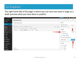 The 
right 
hand 
side 
of 
the 
page 
is 
where 
you 
can 
save 
your 
post 
or 
page 
as 
a 
draA, 
preview 
what 
you 
have 
done 
or 
publish. 
EileenLonergan.com 
20 
 
