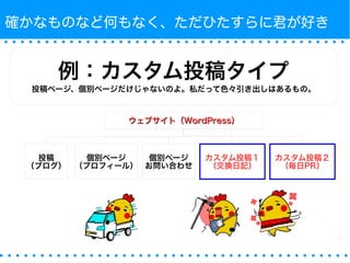 確かなものなど何もなく、ただひたすらに君が好き 
例：カスタム投稿タイプ 
投稿ページ、個別ページだけじゃないのよ。私だって色々引き出しはあるもの。 
投稿 
（ブログ） 
個別ページ 
（プロフィール） 
カスタム投稿１ 
（交換日記） 
カスタム投稿２ 
（毎日PR） 
ウェブサイト（（WWoorrddPPrreessss）） 
個別ページ 
お問い合わせ 
 