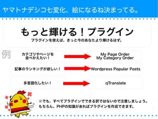 ヤマトナデシコ七変化、絵になるね決まってる。 
もっと輝ける！プラグイン 
プラグインを使えば、きっと今のあなたより輝けるはず。 
多言語化したい！ qTranslate 
※でも、すべてプラグインでできる訳ではないので注意しましょう。 
もちろん、PHPの知識があればプラグインを作成できます。 
例 
 