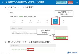 2020
（C） IDC Frontier Inc. All Rights Reserved.
2-i. 仮想マシン作成完了とパスワードの確認
5. パスワードリセットを選択
6. 新しいパスワードを、メモ帳などに残しておく
IDCFクラウド 操作
(1)パスワード
リセット
(2)こちらも
クリック
 