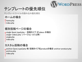 テンプレートの優先順位
ホームの場合
　home.php
　index.php
個別投稿ページの場合
　single-{post_type}.php - 投稿タイプ がvideos の場合
　single-videos.php （バージョン 3.0 以降）
　single.php
　index.php
カスタム投稿の場合
　archive-{post_type}.php 例/投稿タイプ名productの場合 archive-product.php
　archive.php
　index.php
テンプレートファイルの読み込み優先順位
 