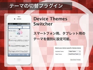 テーマの切替プラグイン
Device Themes
Switcher
スマートフォン用、タブレット用の
テーマを個別に設定可能。
 