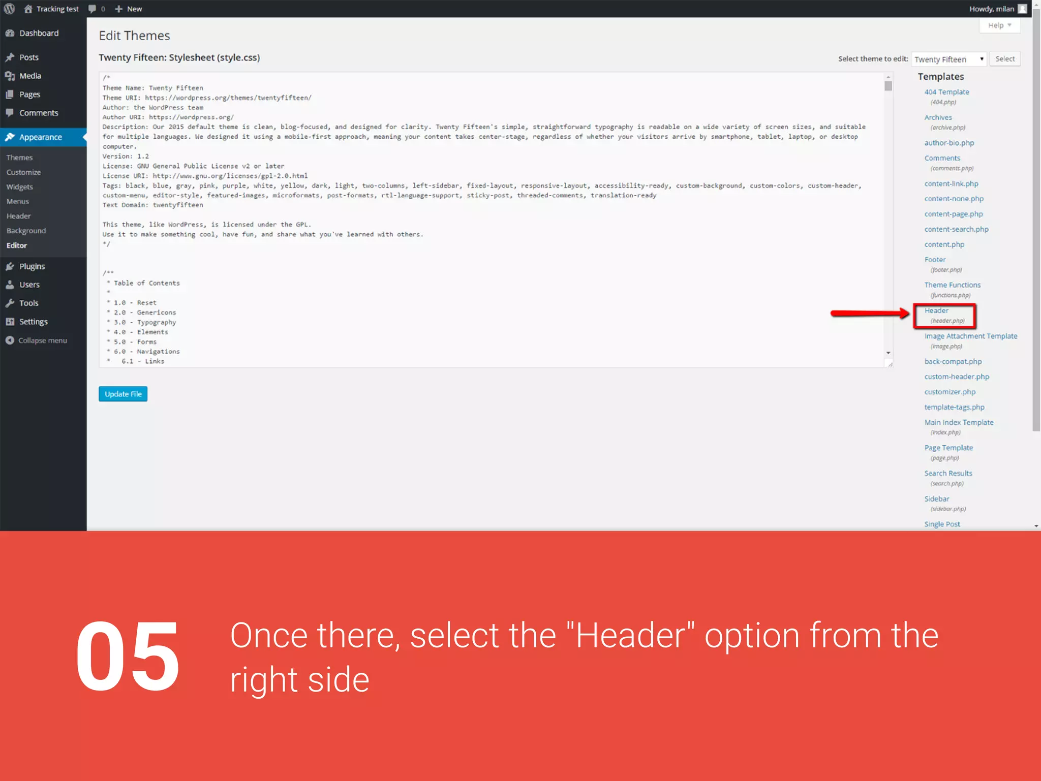 05Oncethere,selectthe"Header"optionfromthe
rightside
 