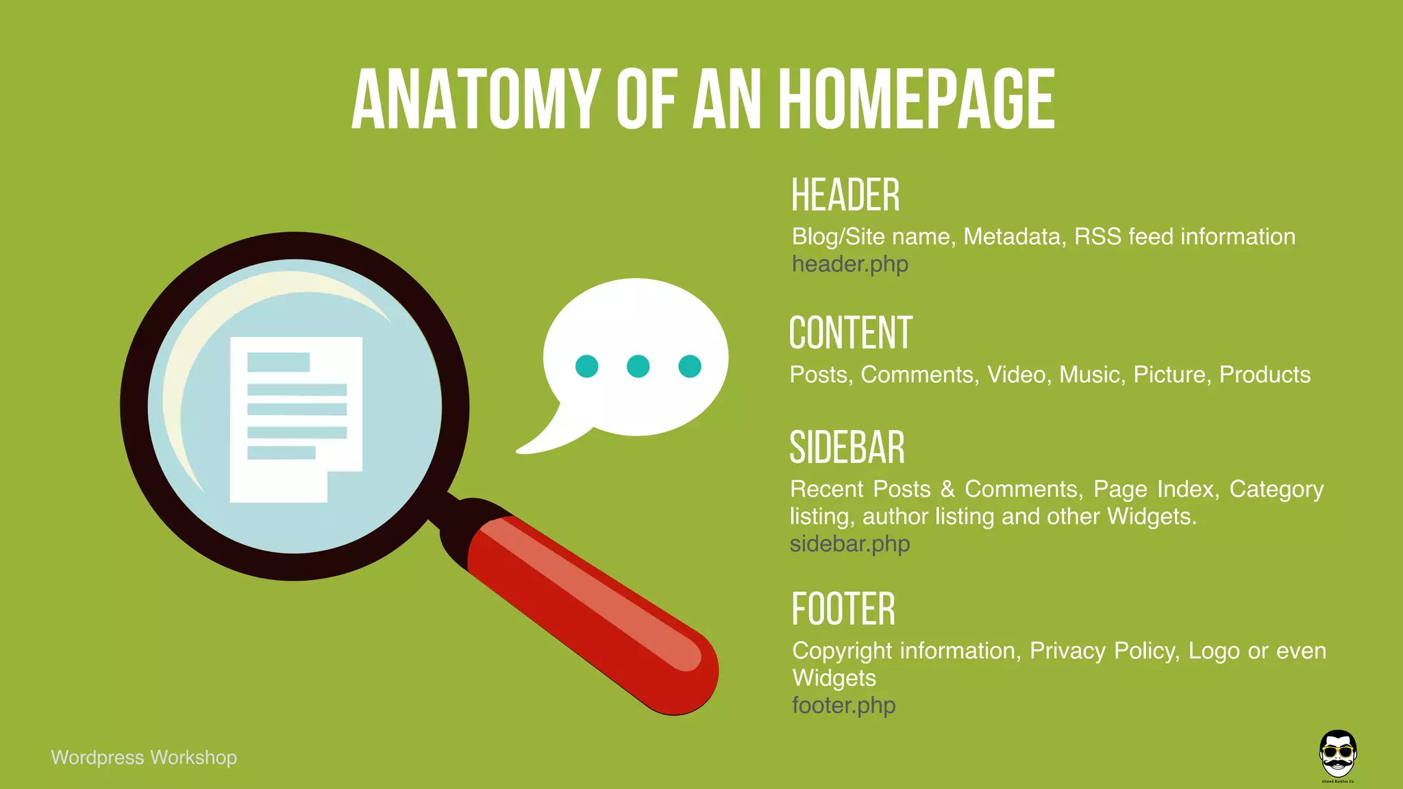 ANAtomy of AN HOMEPAGE
HEADER
Blog/Site name, Metadata, RSS feed information
header.php
CONTENT
Posts, Comments, Video, Music, Picture, Products
SIDEBAR
Recent Posts & Comments, Page Index, Category
listing, author listing and other Widgets.
sidebar.php
FOOTER
Copyright information, Privacy Policy, Logo or even
Widgets
footer.php
Wordpress Workshop
 