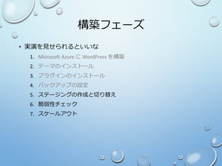構築フェーズ
• 実演を見せられるといいな
1. Microsoft Azure に WordPress を構築
2. テーマのインストール
3. プラグインのインストール
4. バックアップの設定
5. ステージングの作成と切り替え
6. 脆弱性チェック
7. スケールアウト
 