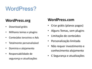 WordPress?
WordPress.org
• Download grátis
• Milhares temas e plugins
• Conteúdos terceiros e Ads
• Totalmente personalizável
• Domínio e alojamento
• Responsabilidade de
segurança e atualizações
WordPress.com
• Criar grátis (planos pagos)
• Alguns Temas, sem plugins
• Limitação de conteúdos
• Personalização limitada
• Não requer investimento e
conhecimento alojamento
• C Segurança e atualizações
 