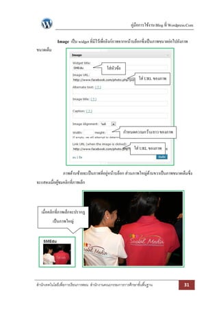 คู่มือการใช้งาน Blog ที่ Wordpress.Com
สานักเทคโนโลยีเพื่อการเรียนการสอน สานักงานคณะกรรมการการศึกษาขั้นพื้นฐาน 31
Image เป็น widget ที่มีไว้เพื่อลิงก์ภาพจากหน้าบล็อกซึ่งเป็นภาพขนาดย่อไปยังภาพ
ขนาดเต็ม
ภาพด้านซ้ายจะเป็นภาพที่อยู่หน้าบล็อก ส่วนภาพใหญ่ด้านขวาเป็นภาพขนาดเต็มซึ่ง
จะแสดงเมื่อผู้ชมคลิกที่ภาพเล็ก
ใส่หัวข้อ
ใส่ URL ของภาพ
กาหนดความกว้าง/ยาว ของภาพ
ใส่ URL ของภาพ
เมื่อคลิกที่ภาพเล็กจะปรากฏ
เป็นภาพใหญ่
 