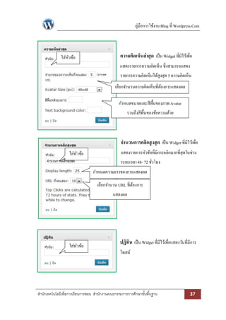 คู่มือการใช้งาน Blog ที่ Wordpress.Com
สานักเทคโนโลยีเพื่อการเรียนการสอน สานักงานคณะกรรมการการศึกษาขั้นพื้นฐาน 37
ความคิดเห็นล่าสุด เป็น Widget ที่มีไว้เพื่อ
แสดงรายการความคิดเห็น ซึ่งสามารถแสดง
รายการความคิดเห็นได้สูงสุด 5 ความคิดเห็น
จานวนการคลิกสูงสุด เป็น Widgetที่มีไว้เพื่อ
แสดงรายการหัวข้อที่มีการคลิกมากที่สุดในช่วง
ระยะเวลา48- 72 ชั่วโมง
ปฏิทิน เป็น Widgetที่มีไว้เพื่อแสดงวันที่มีการ
โพสต์
ใส่หัวข้อ
เลือกจานวนความคิดเห็นที่ต้องการแสดงผล
กาหนดขนาดและสีพื้นของภาพ Avatar
รวมถึงสีพื้นของข้อความด้วย
ใส่หัวข้อ
ใส่หัวข้อ
กาหนดความยาวของการแสดงผล
เลือกจานวน URL ที่ต้องการ
แสดงผล
 