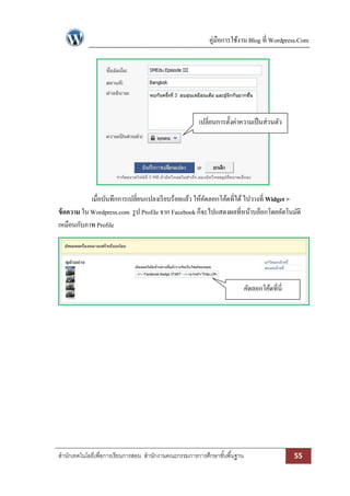 คู่มือการใช้งาน Blog ที่ Wordpress.Com
สานักเทคโนโลยีเพื่อการเรียนการสอน สานักงานคณะกรรมการการศึกษาขั้นพื้นฐาน 55
เมื่อบันทึกการเปลี่ยนแปลงเรียบร้อยแล้ว ให้คัดลอกโค้ดที่ได้ไปวางที่ Widget >
ข้อความ ใน Wordpress.com รูป Profile จาก Facebookก็จะไปแสดงผลที่หน้าบล็อกโดยอัตโนมัติ
เหมือนกับภาพ Profile
เปลี่ยนการตั้งค่าความเป็นส่วนตัว
คัดลอกโค้ดที่นี่
 