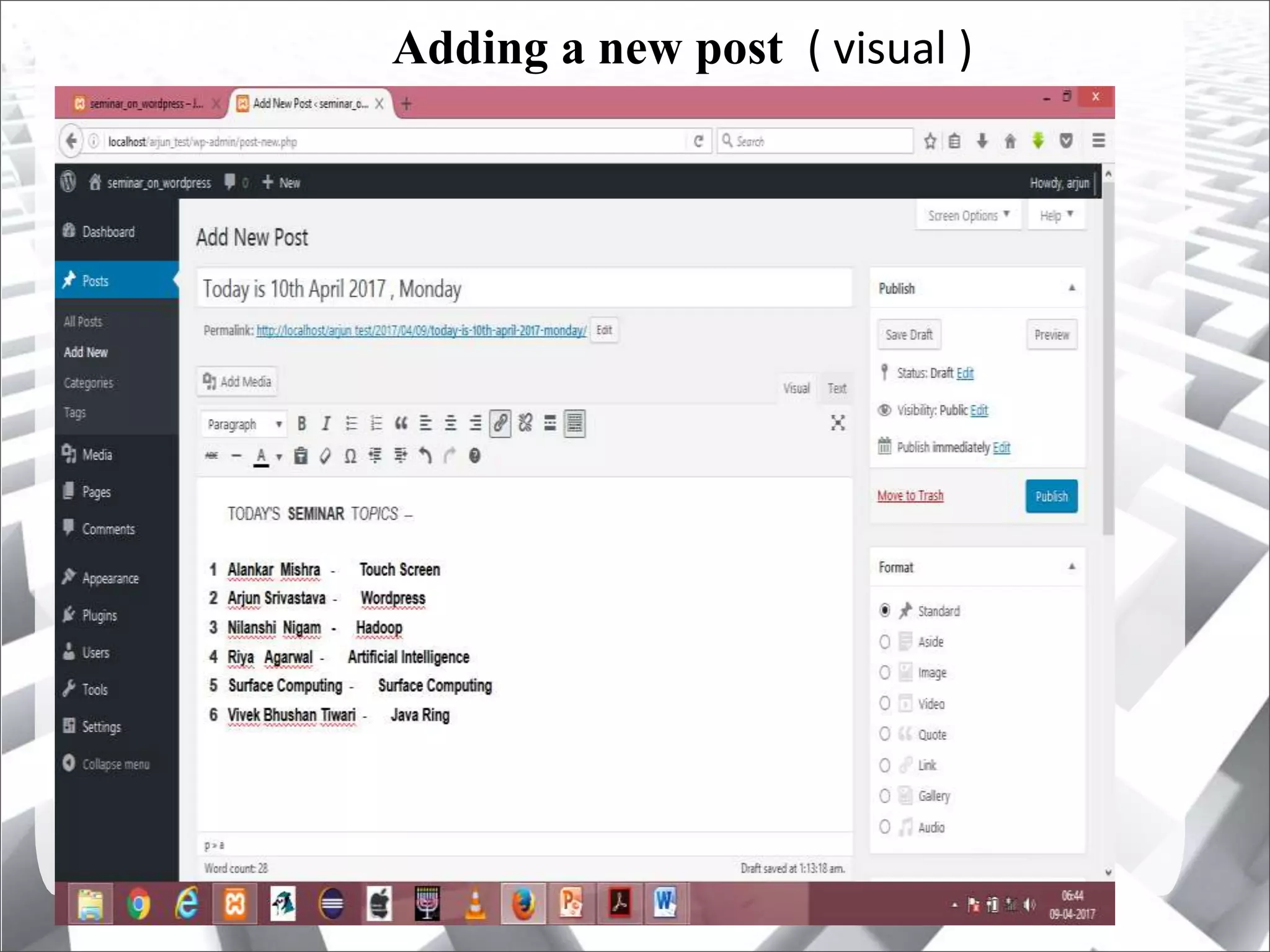 Adding a new post ( visual )
 