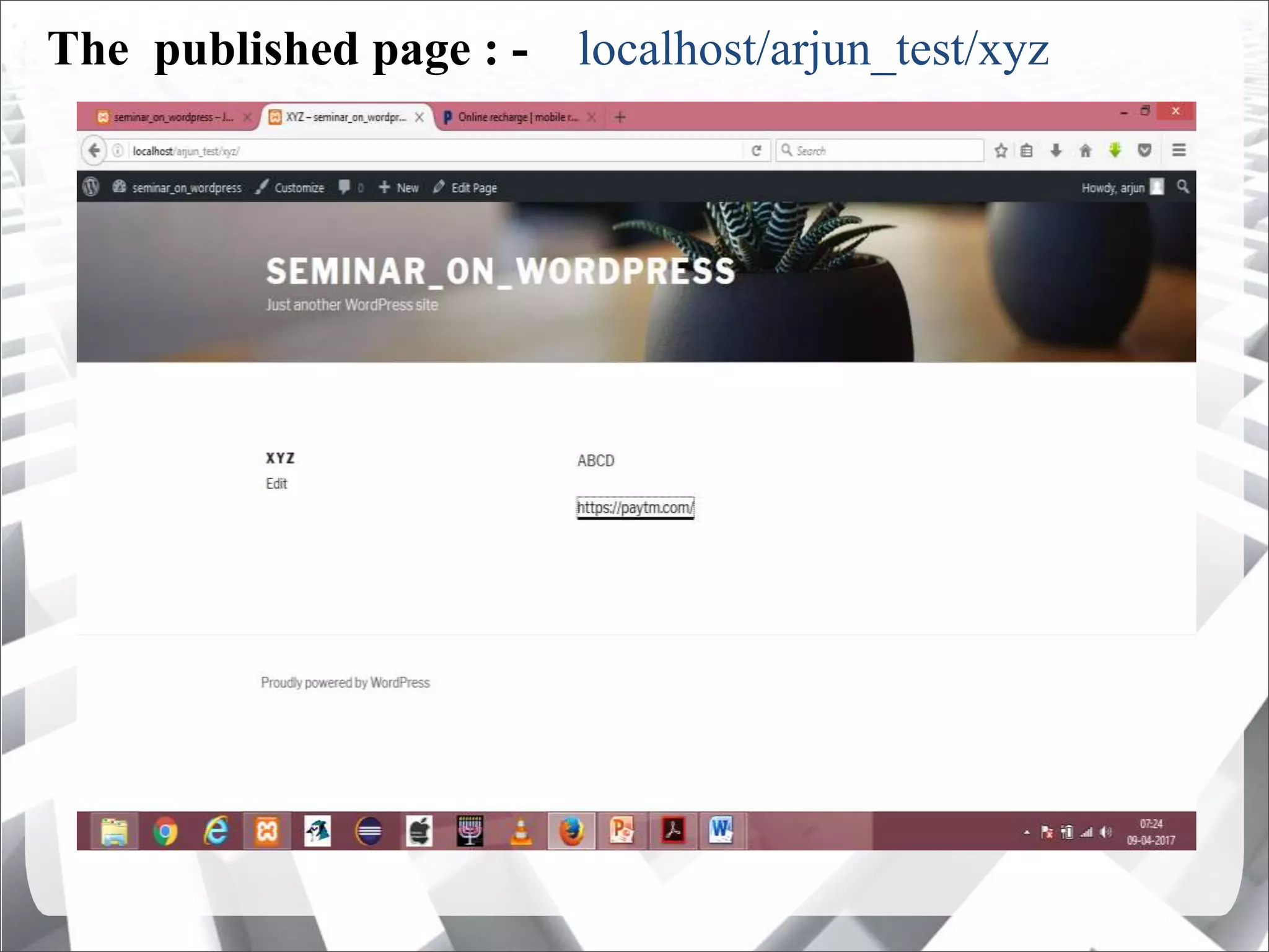 The published page : - localhost/arjun_test/xyz
 