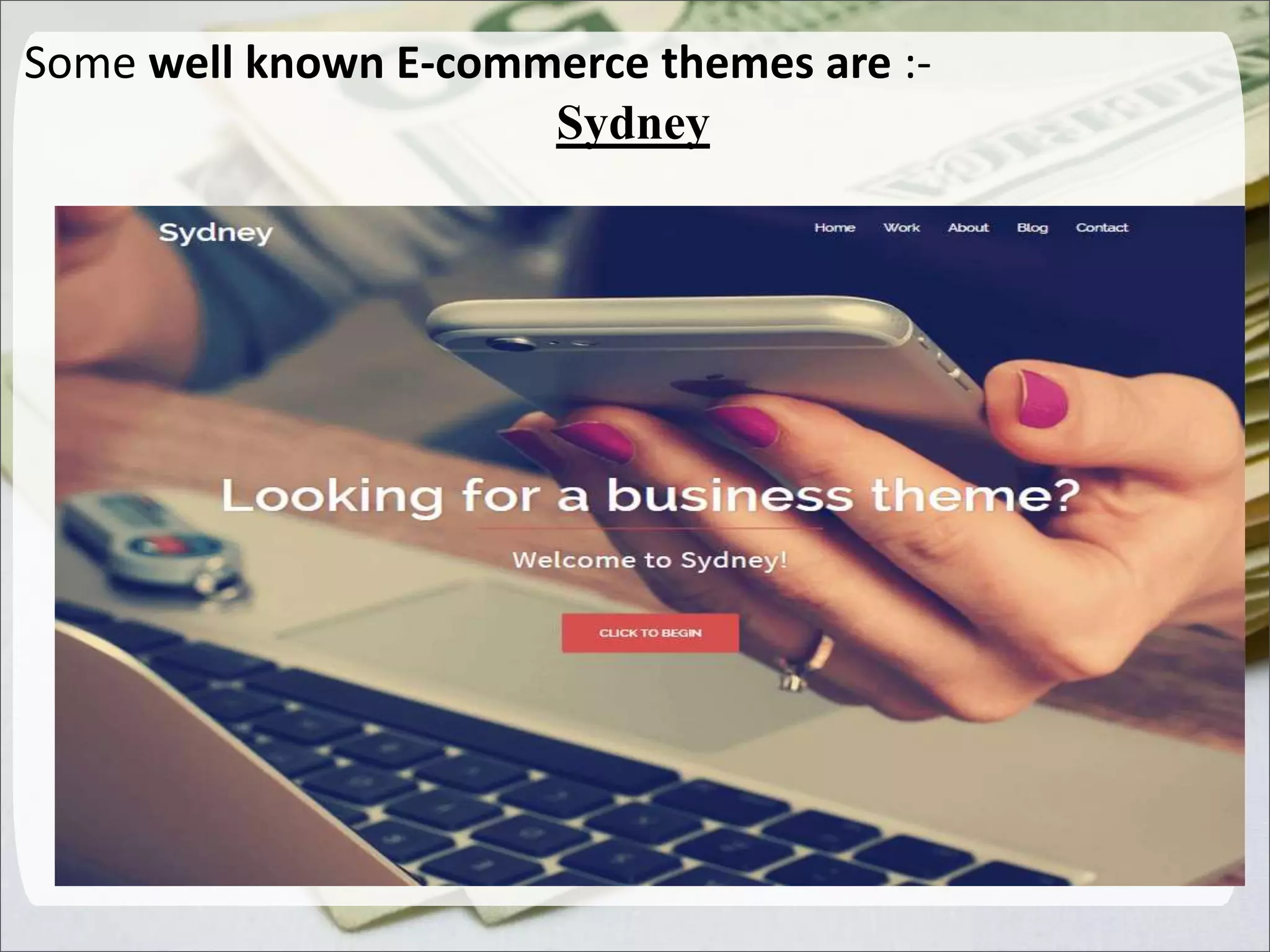 Some well known E-commerce themes are :-
Sydney
.
 