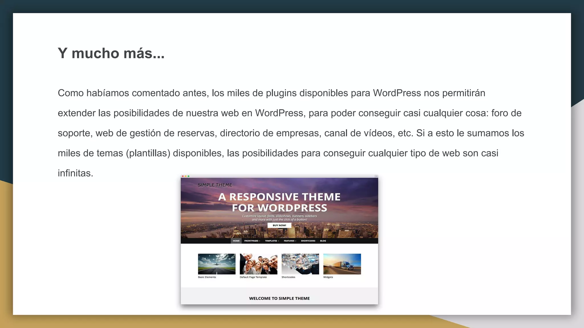Y mucho más...
Como habíamos comentado antes, los miles de plugins disponibles para WordPress nos permitirán
extender las posibilidades de nuestra web en WordPress, para poder conseguir casi cualquier cosa: foro de
soporte, web de gestión de reservas, directorio de empresas, canal de vídeos, etc. Si a esto le sumamos los
miles de temas (plantillas) disponibles, las posibilidades para conseguir cualquier tipo de web son casi
infinitas.
 