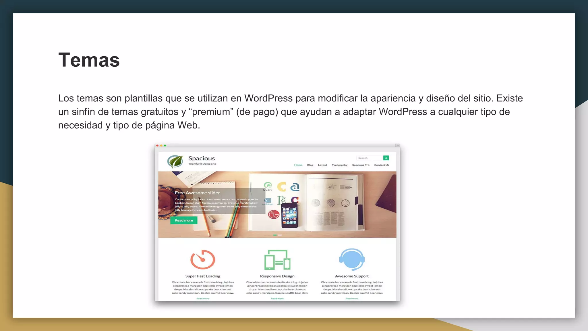 Temas
Los temas son plantillas que se utilizan en WordPress para modificar la apariencia y diseño del sitio. Existe
un sinfín de temas gratuitos y “premium” (de pago) que ayudan a adaptar WordPress a cualquier tipo de
necesidad y tipo de página Web.
 