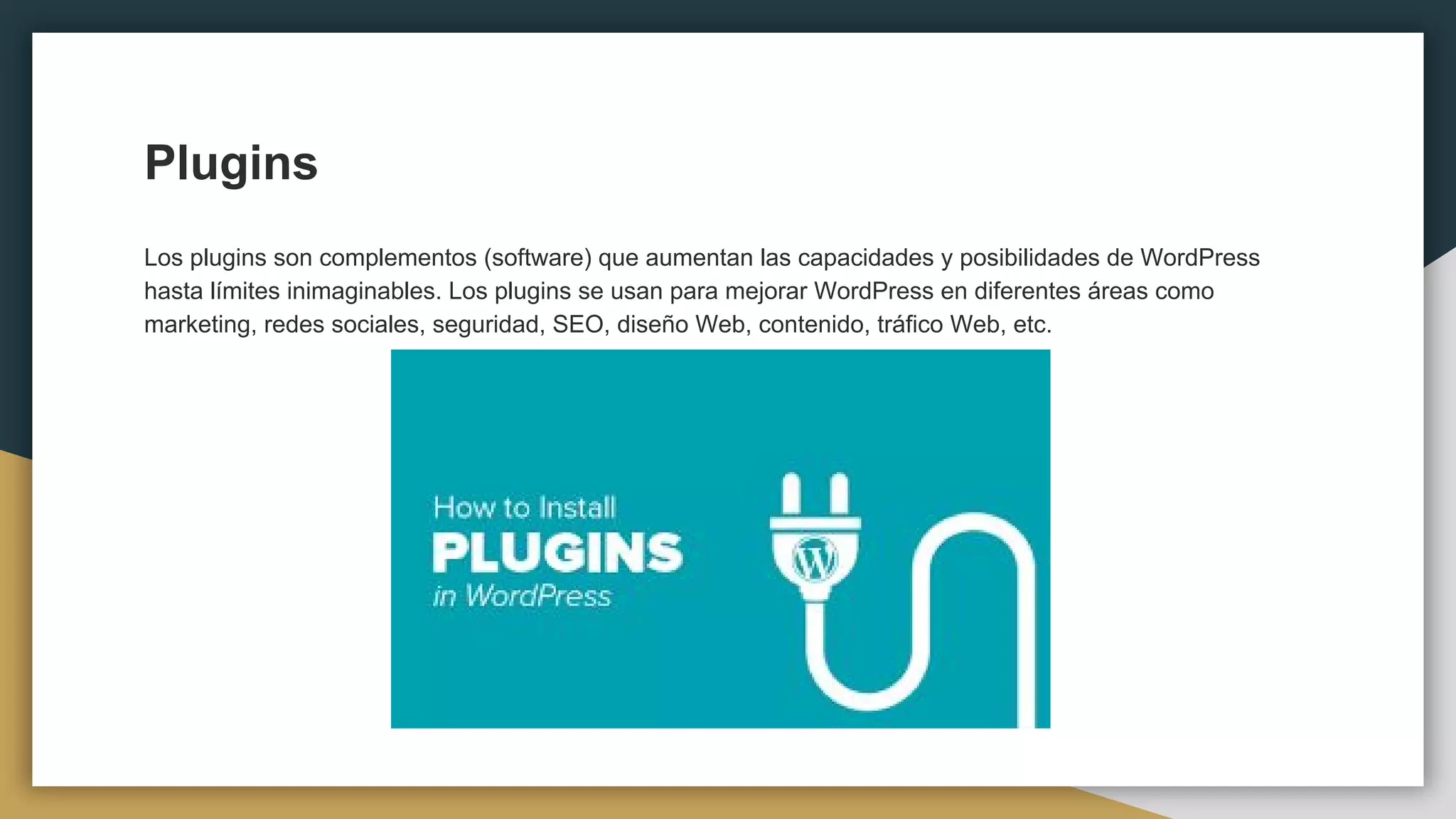 Plugins
Los plugins son complementos (software) que aumentan las capacidades y posibilidades de WordPress
hasta límites inimaginables. Los plugins se usan para mejorar WordPress en diferentes áreas como
marketing, redes sociales, seguridad, SEO, diseño Web, contenido, tráfico Web, etc.
 