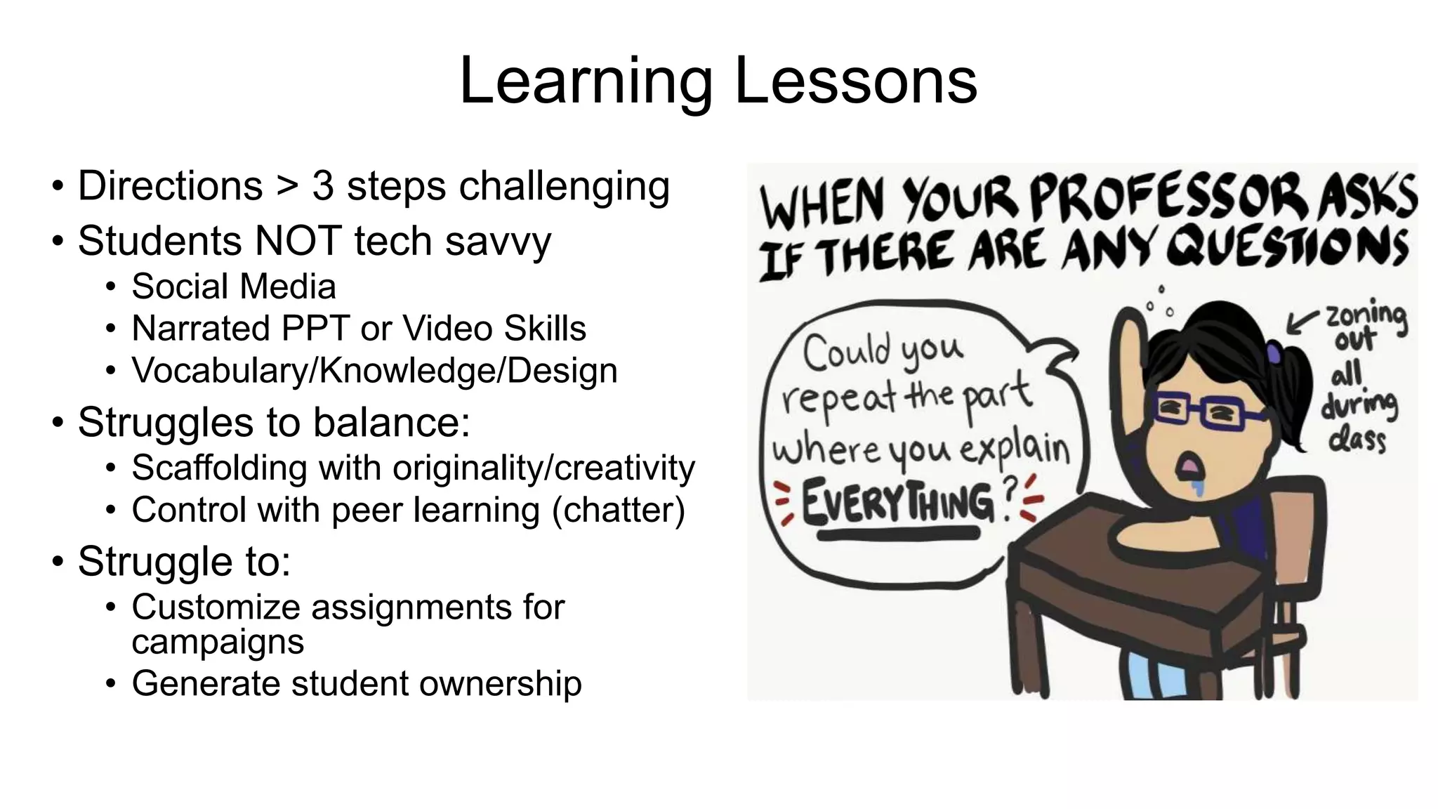 Learning Lessons
• Directions > 3 steps challenging
• Students NOT tech savvy
• Social Media
• Narrated PPT or Video Skills
• Vocabulary/Knowledge/Design
• Struggles to balance:
• Scaffolding with originality/creativity
• Control with peer learning (chatter)
• Struggle to:
• Customize assignments for
campaigns
• Generate student ownership
 