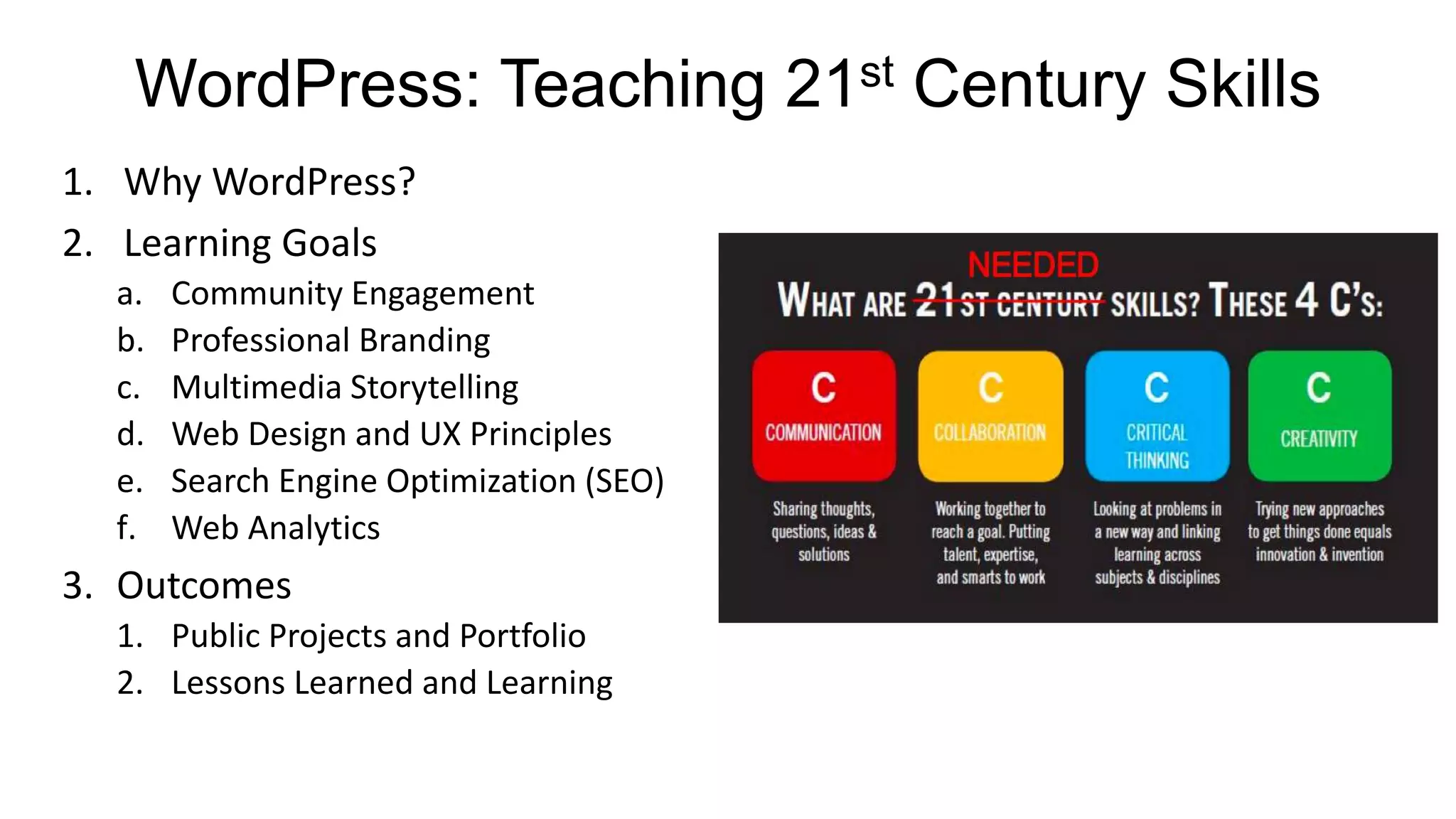 WordPress: Teaching 21st Century Skills
1. Why WordPress?
2. Learning Goals
a. Community Engagement
b. Professional Branding
c. Multimedia Storytelling
d. Web Design and UX Principles
e. Search Engine Optimization (SEO)
f. Web Analytics
3. Outcomes
1. Public Projects and Portfolio
2. Lessons Learned and Learning
 