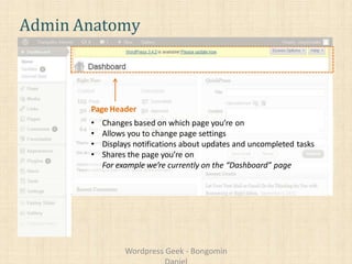 Admin Anatomy
Page Header
• Changes based on which page you’re on
• Allows you to change page settings
• Displays notifications about updates and uncompleted tasks
• Shares the page you’re on
For example we’re currently on the “Dashboard” page
Wordpress Geek - Bongomin
 