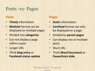 Posts -vs- Pages
Posts
• Timely information
• Modular format can be
displayed on multiple pages
• Divided into categories
• Can not display a page
within a post
• Longer URL
• Think blog entry or
Facebook status update
Pages
• Static information
• Confined format can only
be displayed on a page
• Divided by parent pages
• Can display one or multiple
posts
• Short URL
• Think Word Document or
PowerPoint slide
Wordpress Geek - Bongomin
 