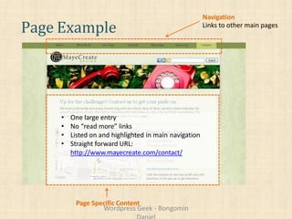 Page Example
Navigation
Links to other main pages
• One large entry
• No “read more” links
• Listed on and highlighted in main navigation
• Straight forward URL:
http://www.mayecreate.com/contact/
Page Specific Content
Wordpress Geek - Bongomin
 