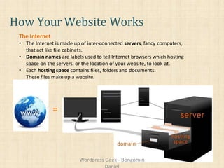 How Your Website Works
The Internet
• The Internet is made up of inter-connected servers, fancy computers,
that act like file cabinets.
• Domain names are labels used to tell Internet browsers which hosting
space on the servers, or the location of your website, to look at.
• Each hosting space contains files, folders and documents.
These files make up a website.
=
Wordpress Geek - Bongomin
 