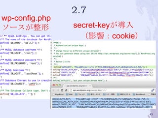 wp-config.php
ソースが整形 secret-keyが導入
（影響：cookie）
43
 