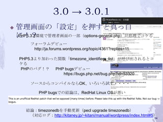  管理画面の「設定」を押すと真っ白
に！？PHP5.3.2環境で管理者画面の一部（options-general.php）が処理でコケる
フォーラムデビュー
http://ja.forums.wordpress.org/topic/4361?replies=11
PHP5.3より加わった関数「timezone_identifiers_list」が呼び出されるとコ
ケる
PHPのバグ！？
ソースからコンパイルならOK、いろいろ試す・・・・
PHP bugsでの結論は、RedHat Linux OSが悪い
PHP bugsデビュー
https://bugs.php.net/bug.php?id=53320
結論：timezonedbを手動更新（pecl upgrade timezonedb）
（対応ログ：http://kitaney.jp/~kitani/manual/wordpress/index.html#5）
54
 