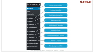 Home do painel ADM
Postagens do Site
Páginas do Site
Fotos e Mídias do Site
Temas, Menus, Widgets
Plugins do Site
Gerenciamento de Usuários
Conﬁgurações do Site
Import e Export
Curso Wordpress - WIS - Junho 2018 - Renzo Colnago
rc.blog.br
 