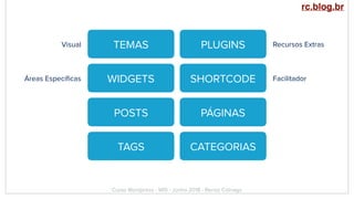 Curso Wordpress - WIS - Junho 2018 - Renzo Colnago
TEMAS PLUGINS
WIDGETS SHORTCODE
POSTS PÁGINAS
TAGS CATEGORIAS
Visual Recursos Extras
Áreas Especíﬁcas Facilitador
rc.blog.br
 