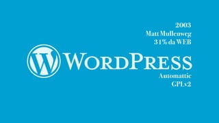 2003
Matt Mullenweg
31% da WEB
Automattic
GPLv2
 
