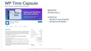 WP Time Capsulehttps://wordpress.org/plugins/wp-time-capsule/
BACKUP!!!
Sempre faça :)
Lembre-se:
- Do site e seus arquivos
- Do Banco de Dados
Curso Wordpress - WIS - Junho 2018 - Renzo Colnago
 