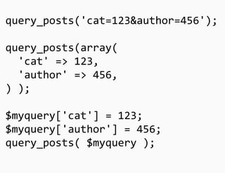 $myquery['tax_query']	
  =	
  array(	
  
	
   'relation'	
  =>	
  'OR',	
  
	
   array(	
  
	
   	
   'taxonomy'	
  =>	
  ...